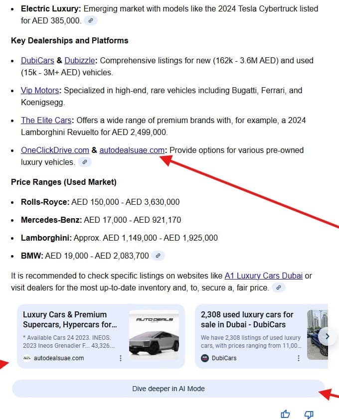 Google AI Overview for luxury cars for sale naming autodealsuae.com and showing it as a source card