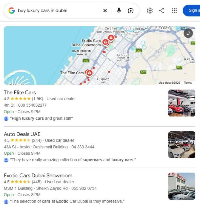 Google results for buy luxury cars in dubai, showing Auto Deals UAE second in the map results